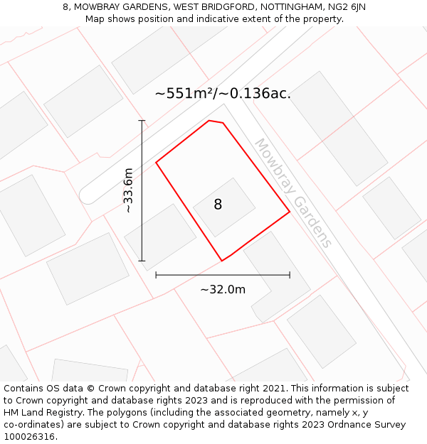 8, MOWBRAY GARDENS, WEST BRIDGFORD, NOTTINGHAM, NG2 6JN: Plot and title map