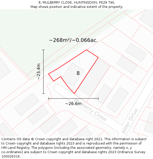 8, MULBERRY CLOSE, HUNTINGDON, PE29 7WL: Plot and title map