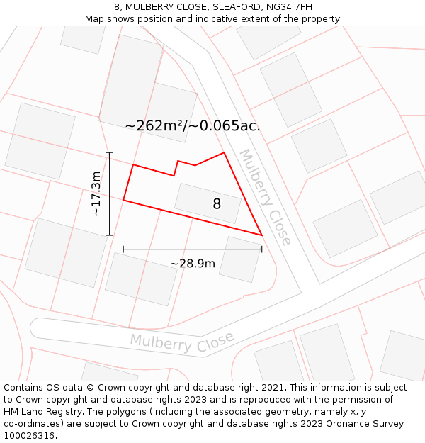 8, MULBERRY CLOSE, SLEAFORD, NG34 7FH: Plot and title map