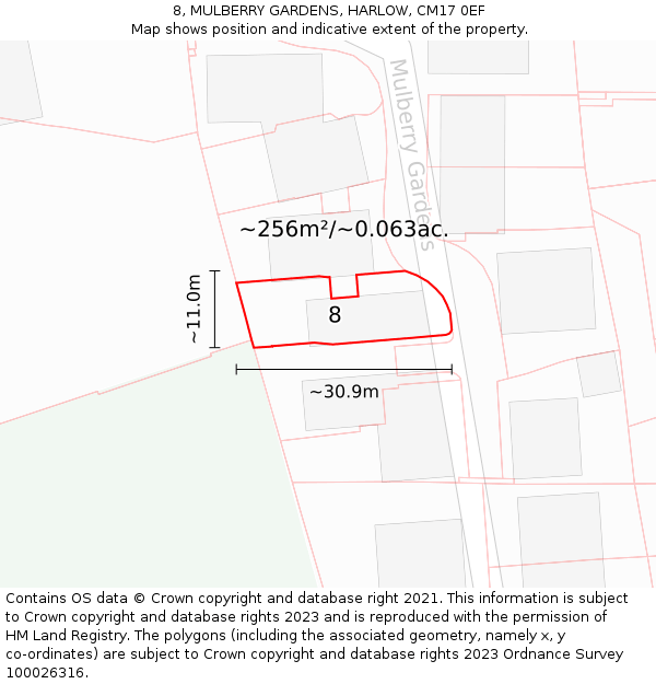 8, MULBERRY GARDENS, HARLOW, CM17 0EF: Plot and title map