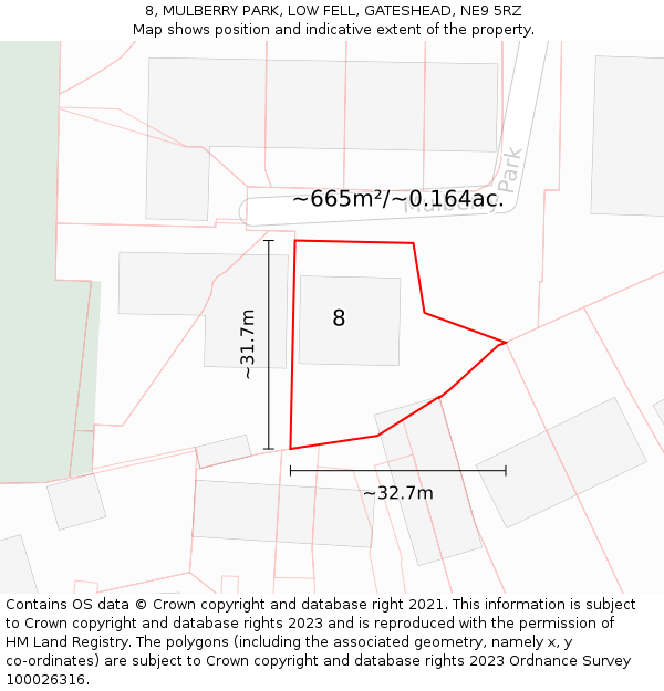 8, MULBERRY PARK, LOW FELL, GATESHEAD, NE9 5RZ: Plot and title map