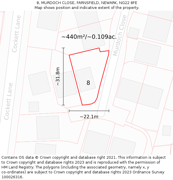 8, MURDOCH CLOSE, FARNSFIELD, NEWARK, NG22 8FE: Plot and title map