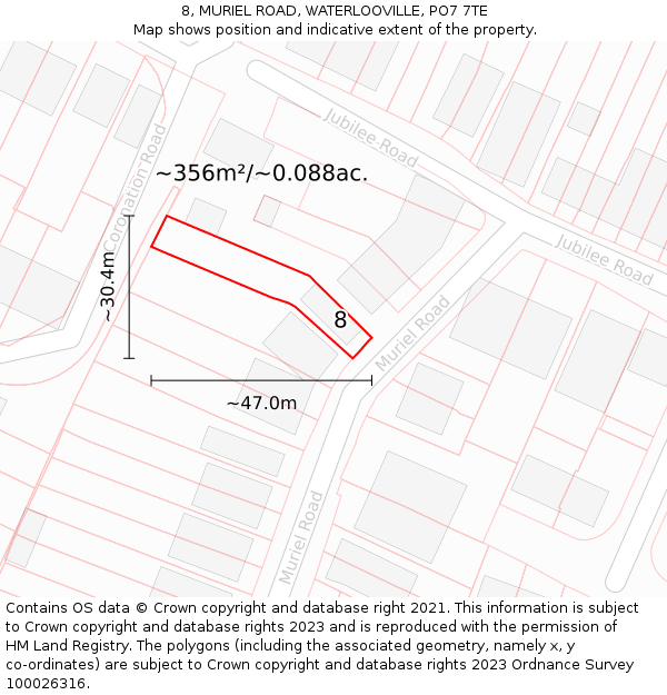 8, MURIEL ROAD, WATERLOOVILLE, PO7 7TE: Plot and title map