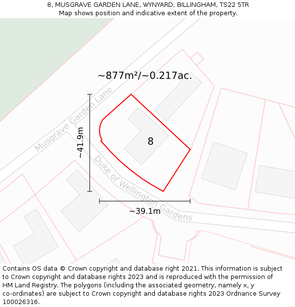 8, MUSGRAVE GARDEN LANE, WYNYARD, BILLINGHAM, TS22 5TR: Plot and title map