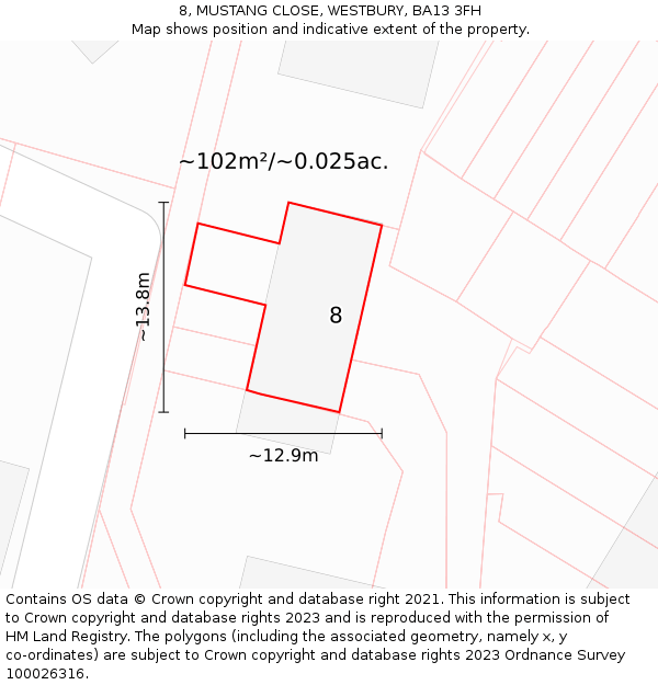 8, MUSTANG CLOSE, WESTBURY, BA13 3FH: Plot and title map