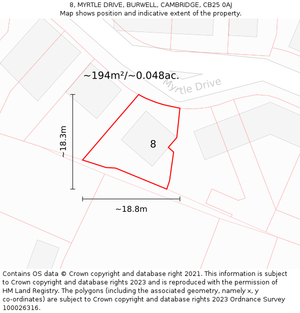 8, MYRTLE DRIVE, BURWELL, CAMBRIDGE, CB25 0AJ: Plot and title map