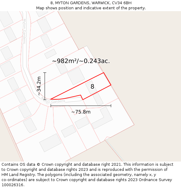 8, MYTON GARDENS, WARWICK, CV34 6BH: Plot and title map