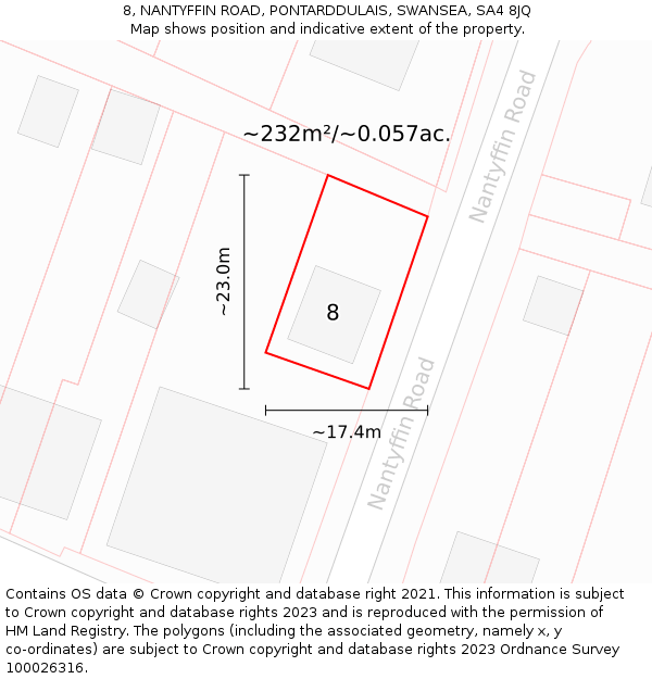 8, NANTYFFIN ROAD, PONTARDDULAIS, SWANSEA, SA4 8JQ: Plot and title map