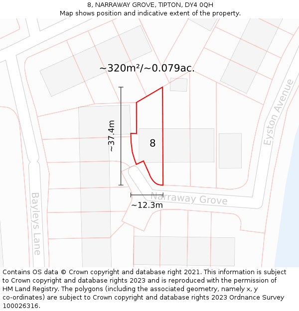 8, NARRAWAY GROVE, TIPTON, DY4 0QH: Plot and title map