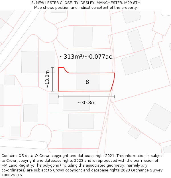 8, NEW LESTER CLOSE, TYLDESLEY, MANCHESTER, M29 8TH: Plot and title map