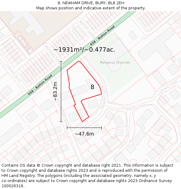 8, NEWHAM DRIVE, BURY, BL8 2EH: Plot and title map