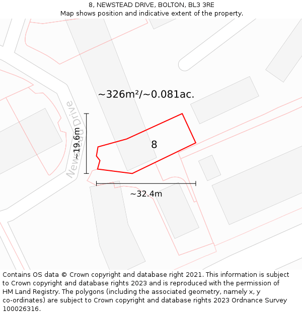 8, NEWSTEAD DRIVE, BOLTON, BL3 3RE: Plot and title map