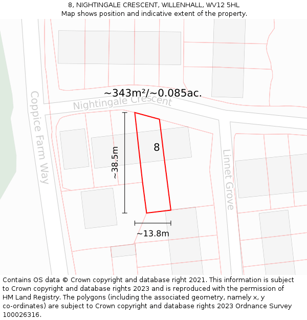 8, NIGHTINGALE CRESCENT, WILLENHALL, WV12 5HL: Plot and title map