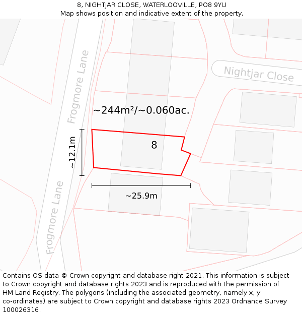 8, NIGHTJAR CLOSE, WATERLOOVILLE, PO8 9YU: Plot and title map