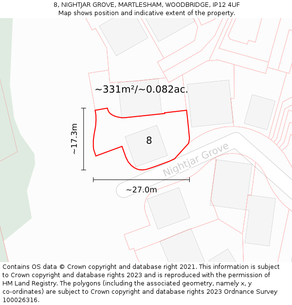 8, NIGHTJAR GROVE, MARTLESHAM, WOODBRIDGE, IP12 4UF: Plot and title map