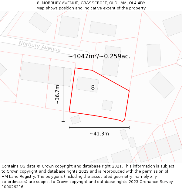 8, NORBURY AVENUE, GRASSCROFT, OLDHAM, OL4 4DY: Plot and title map