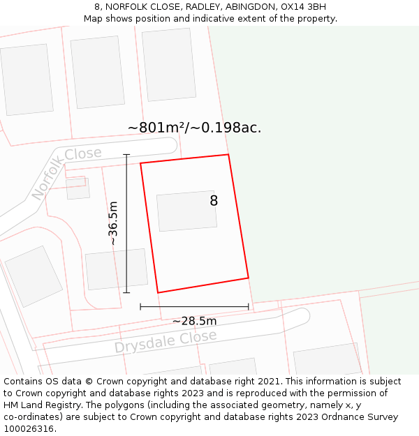 8, NORFOLK CLOSE, RADLEY, ABINGDON, OX14 3BH: Plot and title map