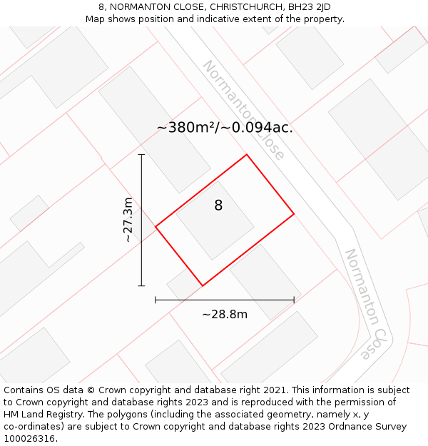 8, NORMANTON CLOSE, CHRISTCHURCH, BH23 2JD: Plot and title map