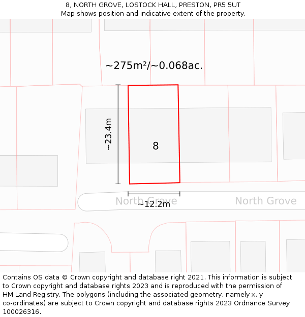 8, NORTH GROVE, LOSTOCK HALL, PRESTON, PR5 5UT: Plot and title map