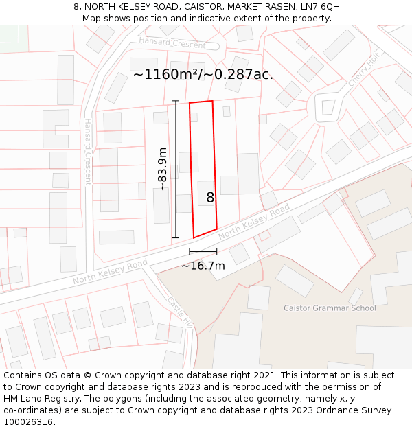 8, NORTH KELSEY ROAD, CAISTOR, MARKET RASEN, LN7 6QH: Plot and title map