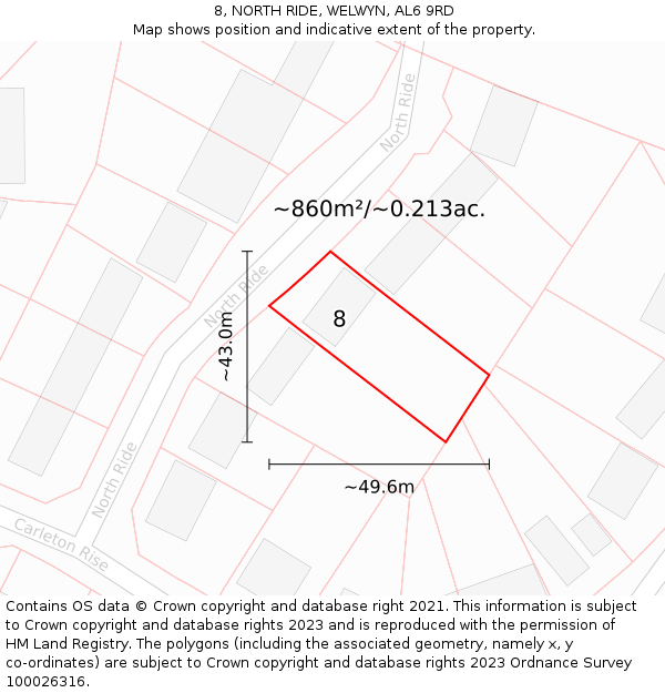 8, NORTH RIDE, WELWYN, AL6 9RD: Plot and title map