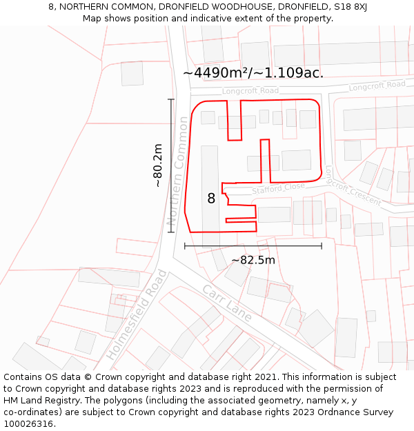 8, NORTHERN COMMON, DRONFIELD WOODHOUSE, DRONFIELD, S18 8XJ: Plot and title map