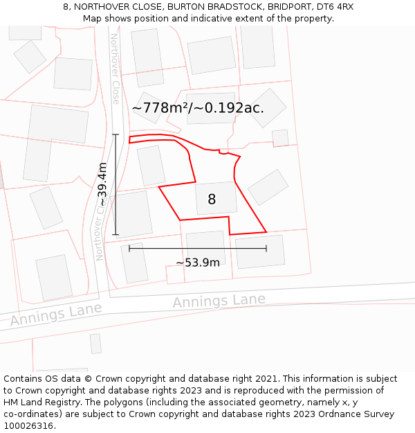 8, NORTHOVER CLOSE, BURTON BRADSTOCK, BRIDPORT, DT6 4RX: Plot and title map