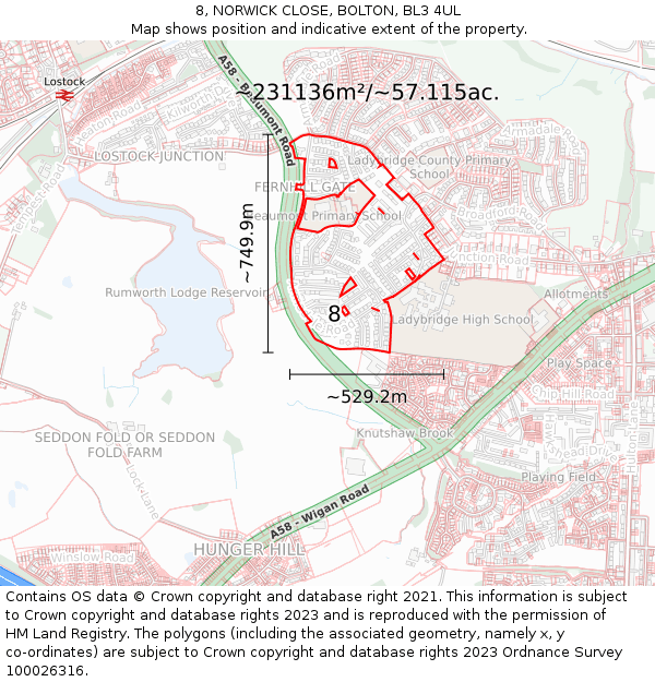 8, NORWICK CLOSE, BOLTON, BL3 4UL: Plot and title map