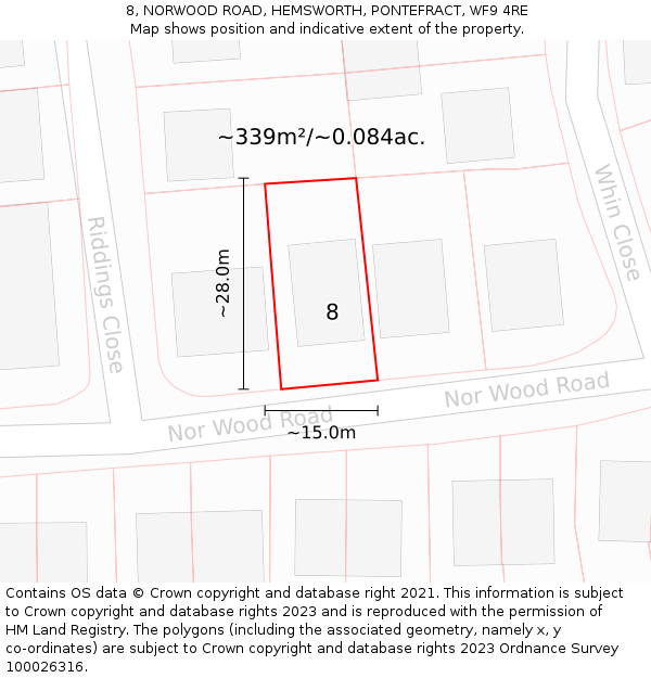 8, NORWOOD ROAD, HEMSWORTH, PONTEFRACT, WF9 4RE: Plot and title map