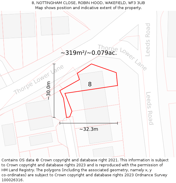 8, NOTTINGHAM CLOSE, ROBIN HOOD, WAKEFIELD, WF3 3UB: Plot and title map
