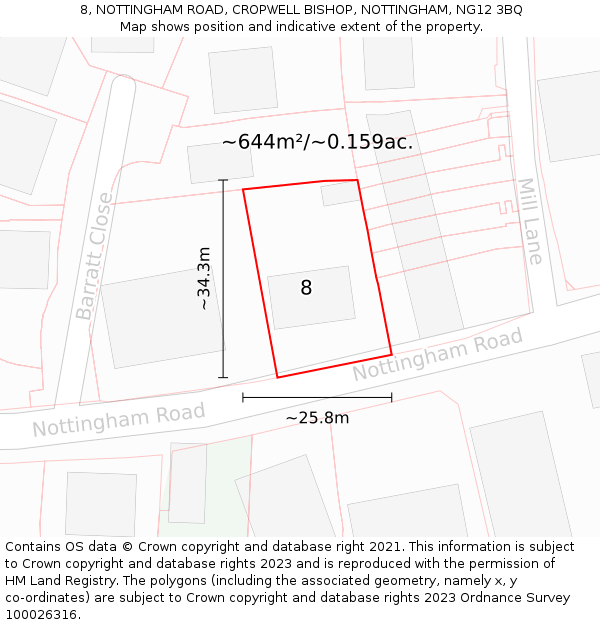 8, NOTTINGHAM ROAD, CROPWELL BISHOP, NOTTINGHAM, NG12 3BQ: Plot and title map