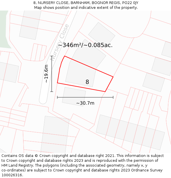 8, NURSERY CLOSE, BARNHAM, BOGNOR REGIS, PO22 0JY: Plot and title map