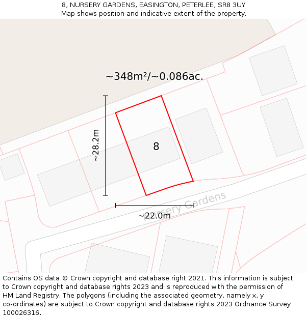 8, NURSERY GARDENS, EASINGTON, PETERLEE, SR8 3UY: Plot and title map