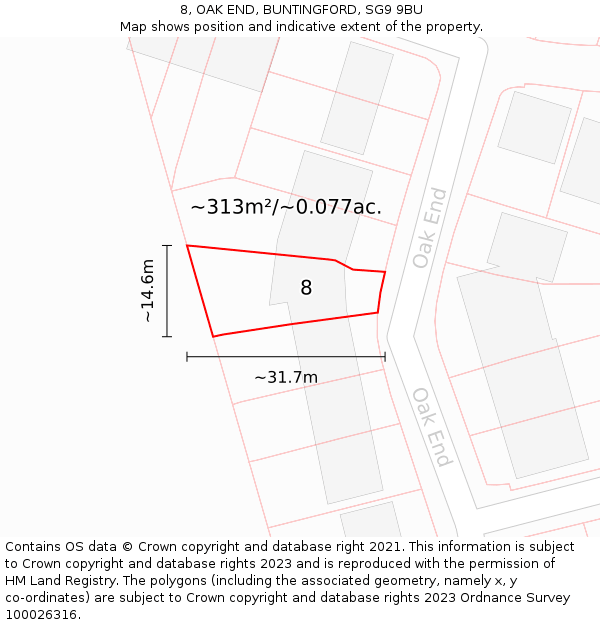 8, OAK END, BUNTINGFORD, SG9 9BU: Plot and title map