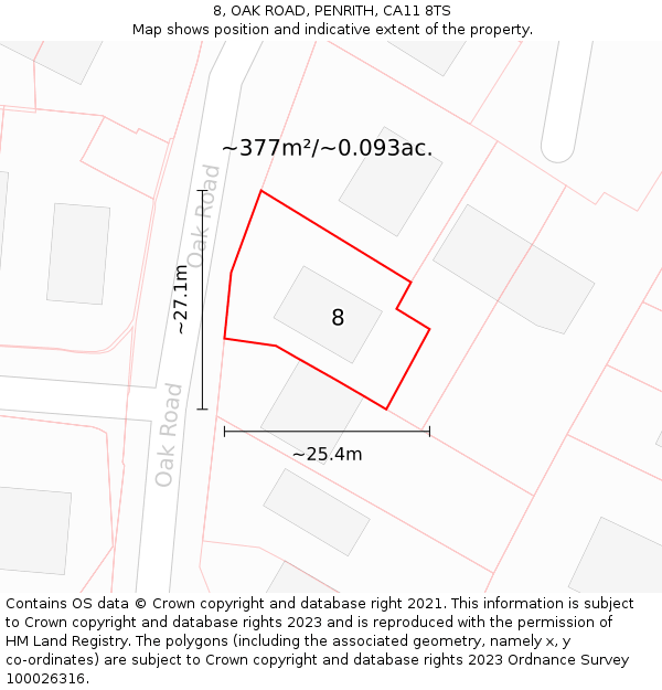 8, OAK ROAD, PENRITH, CA11 8TS: Plot and title map