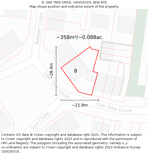 8, OAK TREE DRIVE, HASSOCKS, BN6 8YD: Plot and title map