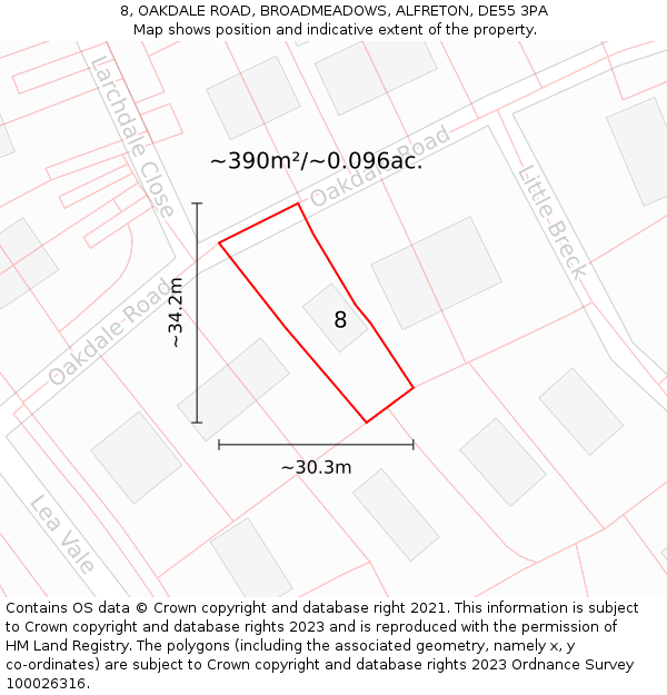 8, OAKDALE ROAD, BROADMEADOWS, ALFRETON, DE55 3PA: Plot and title map