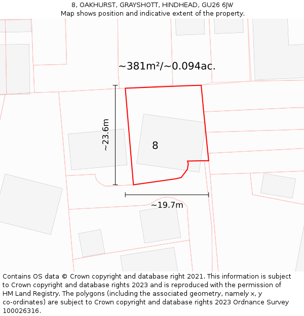 8, OAKHURST, GRAYSHOTT, HINDHEAD, GU26 6JW: Plot and title map
