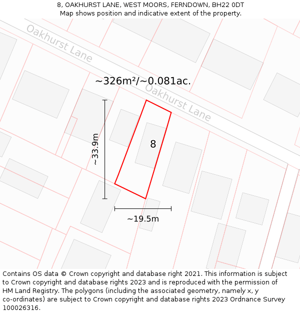 8, OAKHURST LANE, WEST MOORS, FERNDOWN, BH22 0DT: Plot and title map