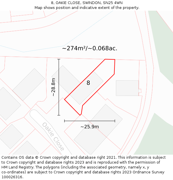 8, OAKIE CLOSE, SWINDON, SN25 4WN: Plot and title map