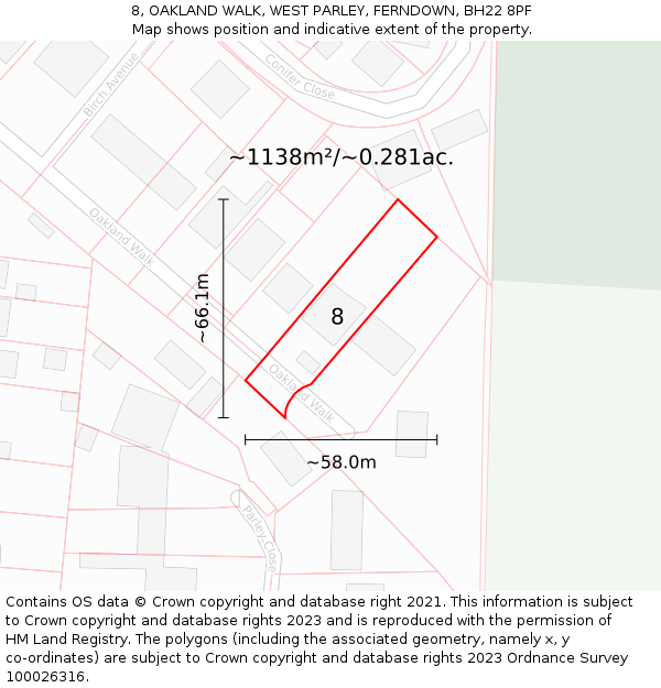 8, OAKLAND WALK, WEST PARLEY, FERNDOWN, BH22 8PF: Plot and title map