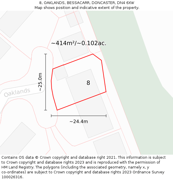 8, OAKLANDS, BESSACARR, DONCASTER, DN4 6XW: Plot and title map