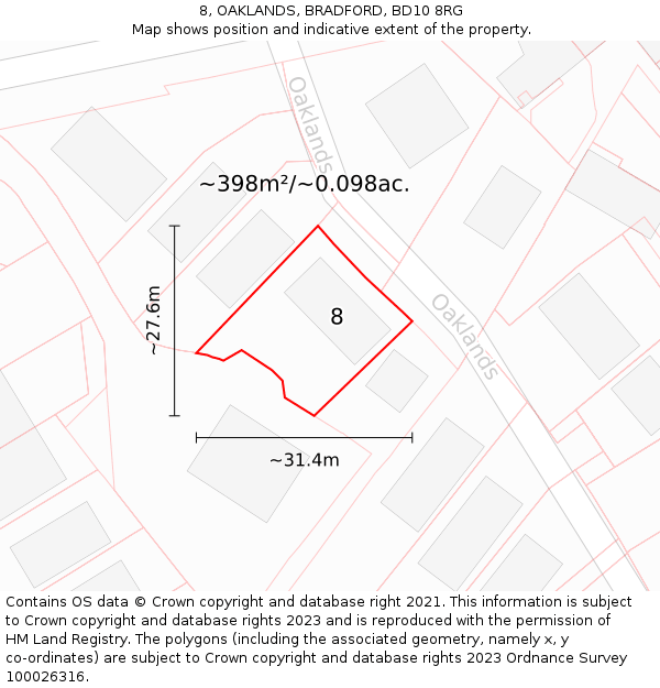 8, OAKLANDS, BRADFORD, BD10 8RG: Plot and title map