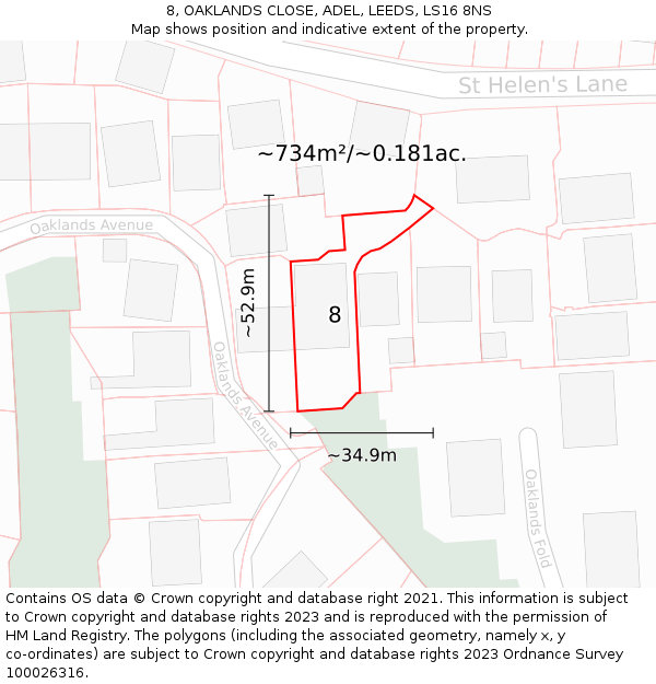 8, OAKLANDS CLOSE, ADEL, LEEDS, LS16 8NS: Plot and title map