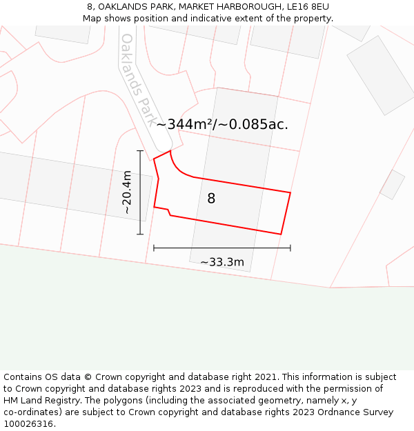 8, OAKLANDS PARK, MARKET HARBOROUGH, LE16 8EU: Plot and title map