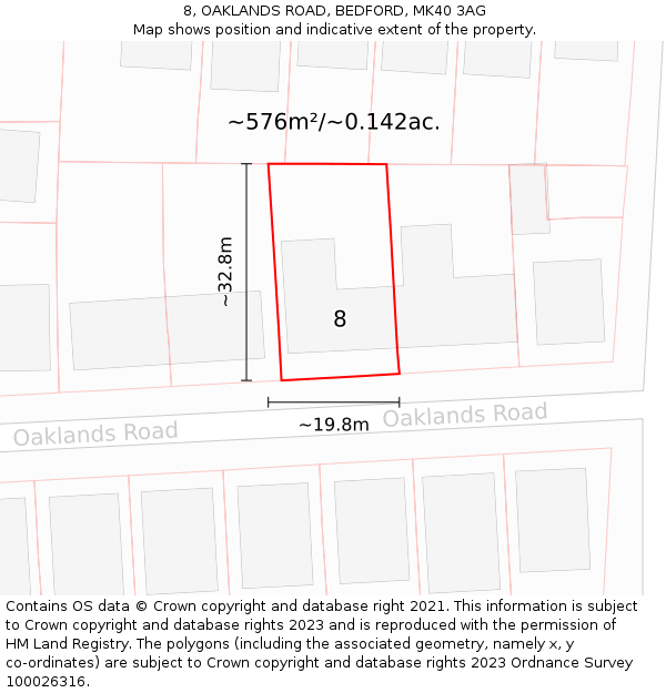 8, OAKLANDS ROAD, BEDFORD, MK40 3AG: Plot and title map