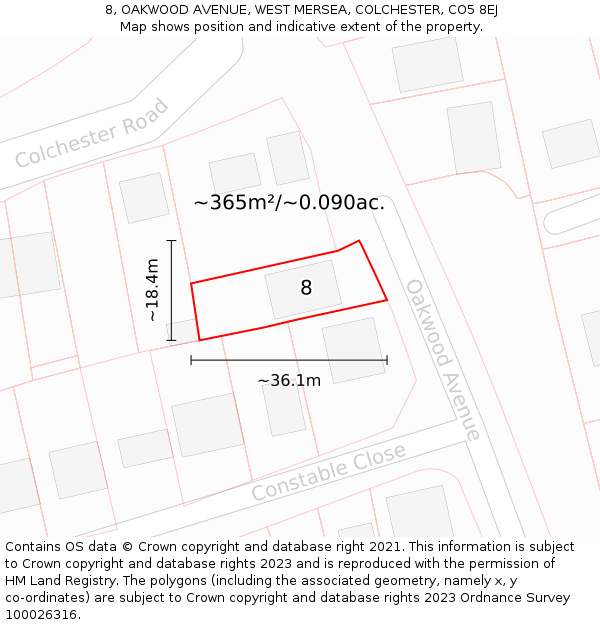 8, OAKWOOD AVENUE, WEST MERSEA, COLCHESTER, CO5 8EJ: Plot and title map