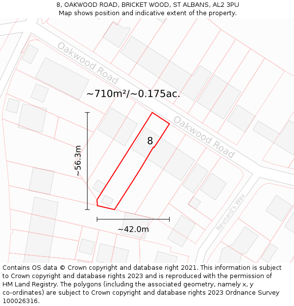 8, OAKWOOD ROAD, BRICKET WOOD, ST ALBANS, AL2 3PU: Plot and title map