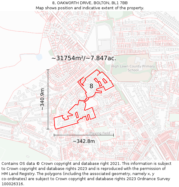 8, OAKWORTH DRIVE, BOLTON, BL1 7BB: Plot and title map