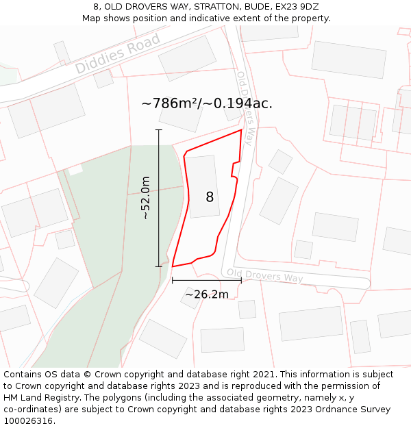 8, OLD DROVERS WAY, STRATTON, BUDE, EX23 9DZ: Plot and title map